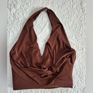 Windsor brown crop top with plunging neckline and open back, size L